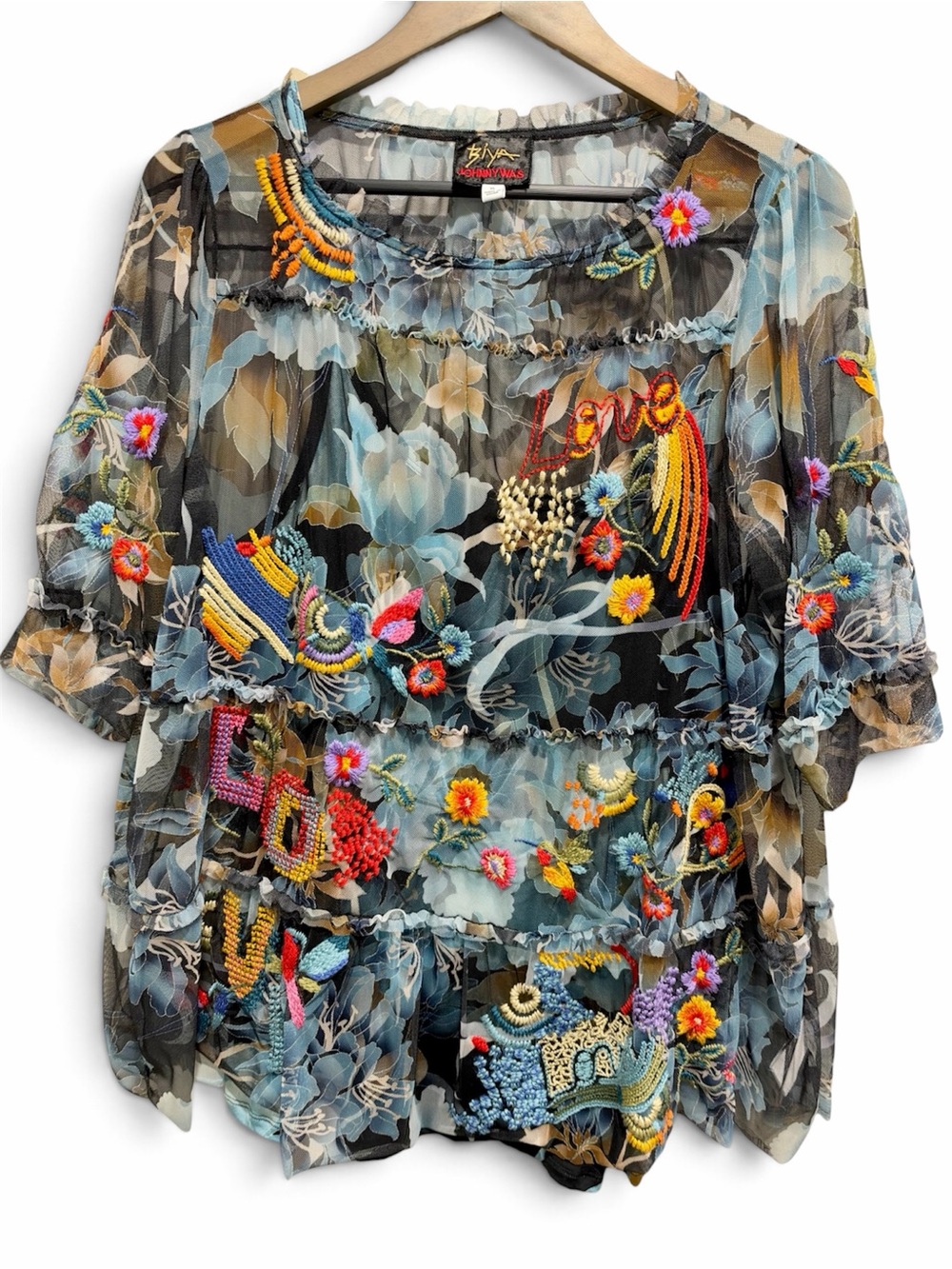 Johnny Was Biya Mazzy Embroidered Mesh Blouse XL